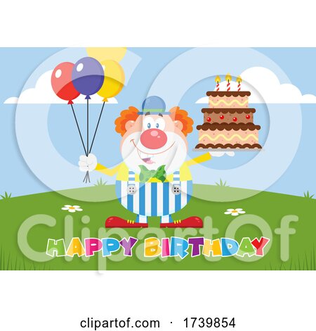Happy Clown Holding Balloons and Cake with Happy Birthday Text by Hit Toon