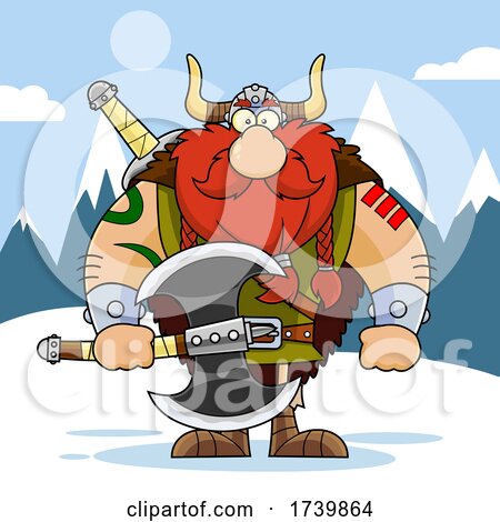 Cartoon Viking Warrior Holding an Axe in the Snow by Hit Toon