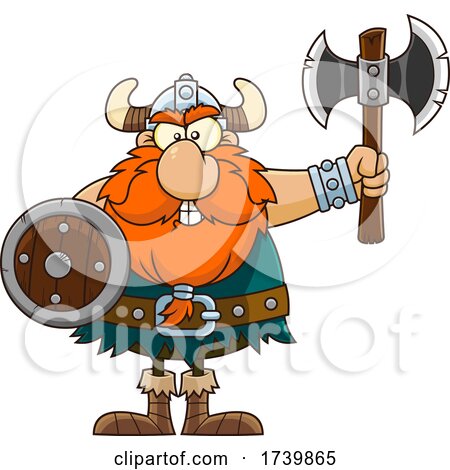 Cartoon Viking Warrior Holding an Axe and Shield by Hit Toon
