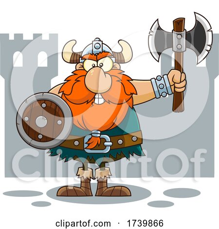 Cartoon Viking Warrior Holding an Axe and Shield by a Castle by Hit Toon