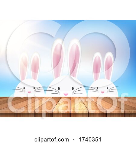 Easter Background with Bunnies Looking over a Wooden Table by KJ Pargeter