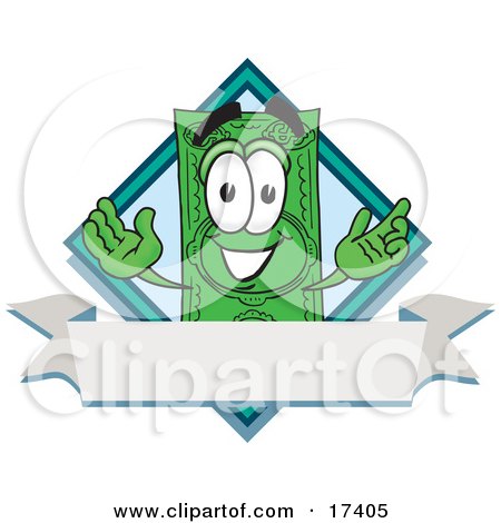 Clipart Picture of a Dollar Bill Mascot Cartoon Character Over a Blank White Label by Mascot Junction