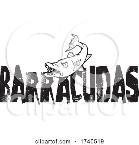 Barracuda Fish Mascot over Distressed Text in Black and White by Johnny Sajem