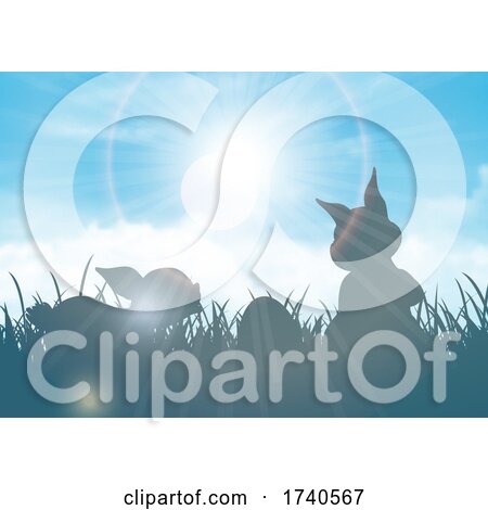 Easter Background with Silhouette of Bunnies Against Blue Sky by KJ Pargeter