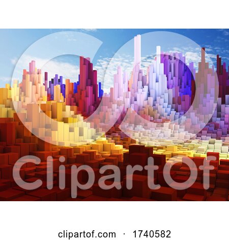3D Abstract Cube Landscape Against Blue Sky Background by KJ Pargeter