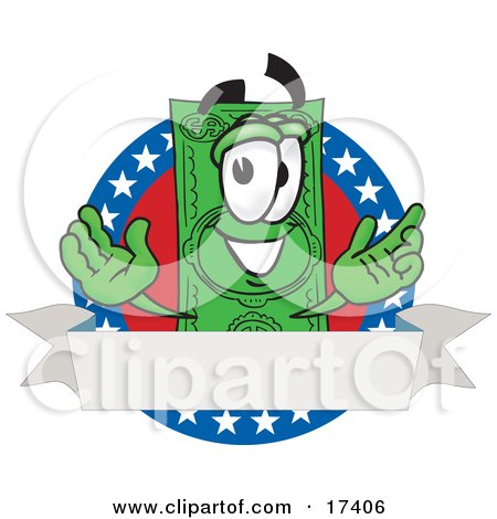 Clipart Picture of a Dollar Bill Mascot Cartoon Character on an American Label With a Blank White Banner by Mascot Junction