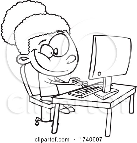 Cartoon Black and White Girl Typing on a Computer by toonaday