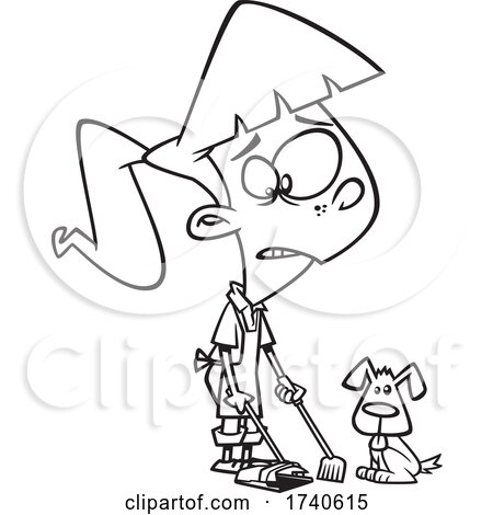 Cartoon Black and White Girl Cleaning up Dog Poop by toonaday