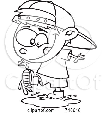 Cartoon Black and White Boy Playing in a Spring Puddle by toonaday