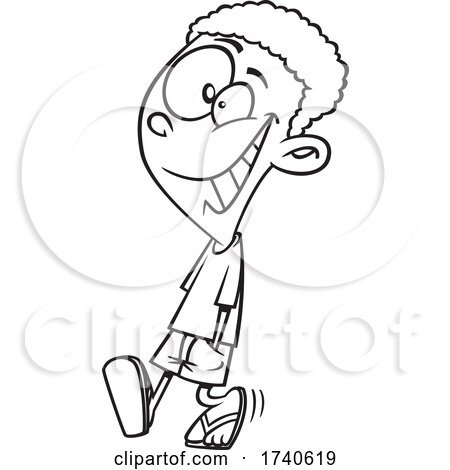 Cartoon Black and White Happy Boy Taking a Stroll by toonaday