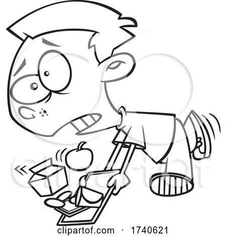 Cartoon Black and White Boy Tripping and Spilling His Lunch by toonaday