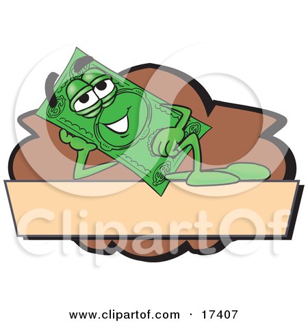 Clipart Picture of a Dollar Bill Mascot Cartoon Character Reclining on a Blank Tan and Brown Label by Mascot Junction