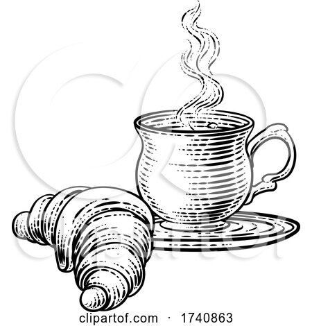 Croissant and Coffee Tea Cup Mug Woodcut by AtStockIllustration