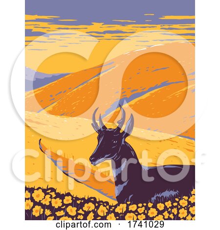 Pronghorn and Wild Flowers Growing in Native Grassland of Carrizo Plain National Monument in San Luis Obispo County California WPA Poster Art by patrimonio