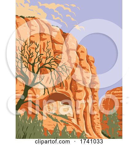 Mogollon Cliff Dwellings in Gila Cliff Dwellings National Monument Located in the Gila Wilderness New Mexico WPA Poster Art by patrimonio