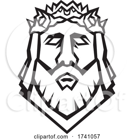 Head of Jesus Christ the Redeemer Wearing Crown of Thorns Viewed from Front Retro Woodcut Black and White Style by patrimonio
