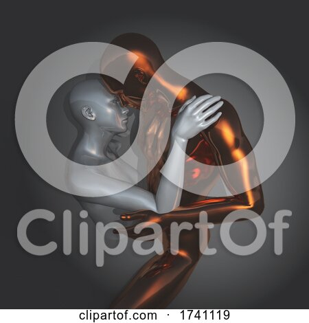 3D Modern Art Background with Silver and Gold Couple in Embrace by KJ Pargeter