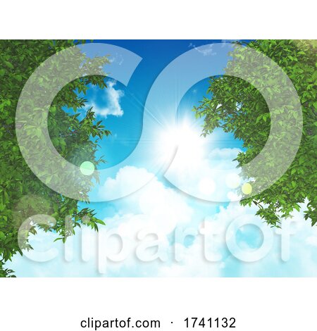 3D Nature Background with Green Leaves on a Sunny Blue Sky by KJ Pargeter