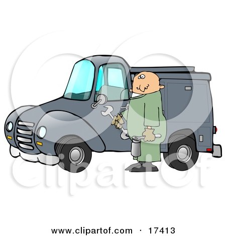 Male Caucasian Mechanic In Green Coveralls, Holding Tools And Repairing A Blue Work Truck Clipart Illustration by djart