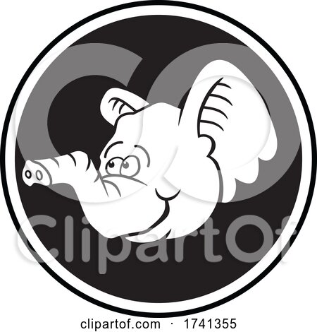 Baby Elephant Mascot Head over a Circle in Black and White by Johnny Sajem
