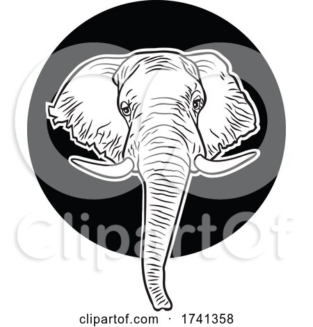 Elephant Mascot Head over a Circle in Black and White by Johnny Sajem