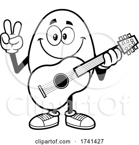 Black and White Easter Egg Character Gesturing Peace and Holding a Guitar by Hit Toon