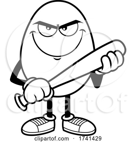 Black and White Mean Egg Character with a Baseball Bat by Hit Toon