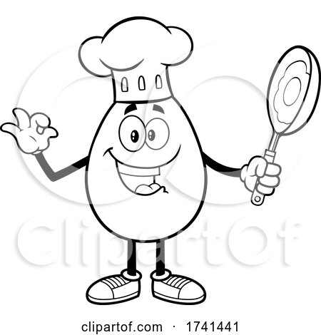 Black and White Egg Chef Character Holding a Frying Pan by Hit Toon