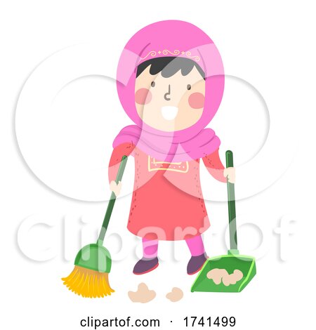 Kid Girl Muslim Sweeping Floor Illustration by BNP Design Studio