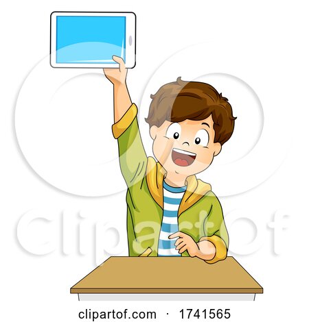 Kid Boy Student Raise Tablet Answer Illustration by BNP Design Studio