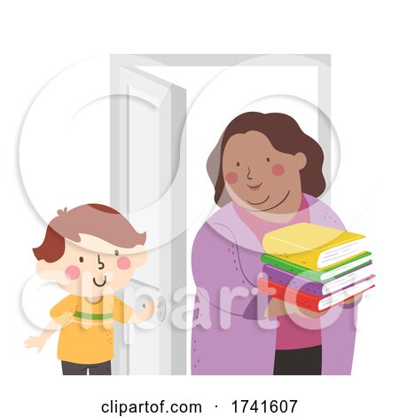 Kid Boy Hold Door Teacher Books Illustration by BNP Design Studio