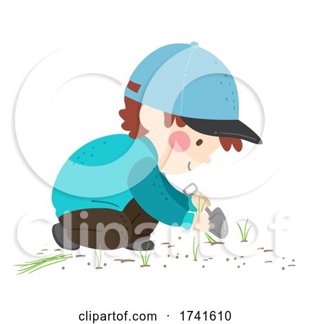 Kid Boy Shovel Grass Weeds Illustration by BNP Design Studio