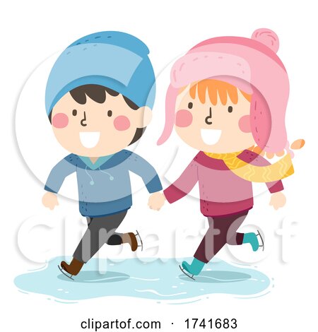 Kids Boy Girl Ice Skating Hold Hands Illustration by BNP Design Studio