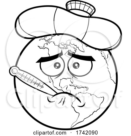 Black and White Sick Earth Globe Mascot Character by Hit Toon