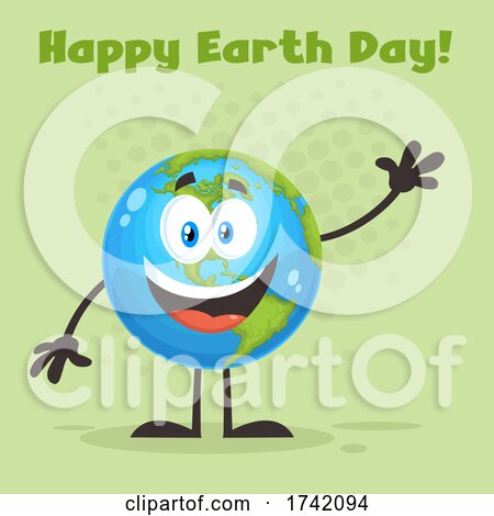 Waving Globe Mascot Character with Happy Earth Day Text on Green by Hit Toon