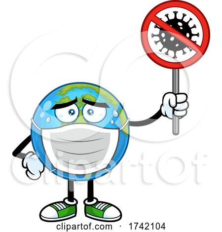 Earth Globe Mascot Character Wearing a Mask and Holding a Virus Sign by Hit Toon