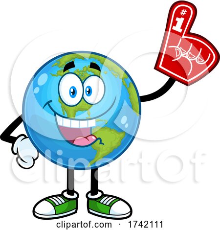 Happy Earth Globe Mascot Character Wearing a Foam Finger by Hit Toon
