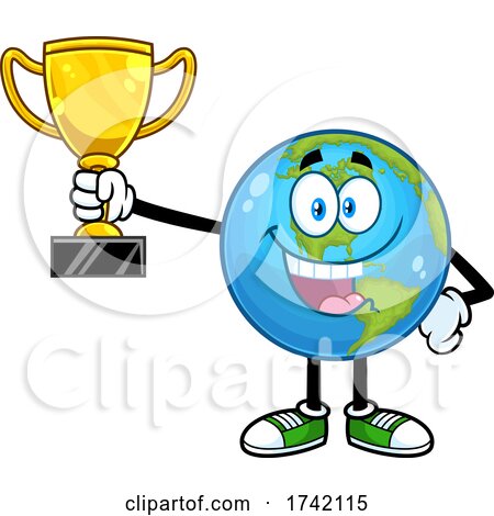Happy Earth Globe Mascot Character Holding a Trophy by Hit Toon