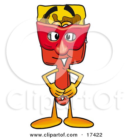 Clipart Picture of a Paint Brush Mascot Cartoon Character Wearing a Red Mask Over His Face by Mascot Junction