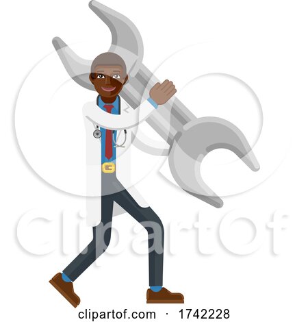Black Doctor Man Holding Spanner Wrench Mascot by AtStockIllustration