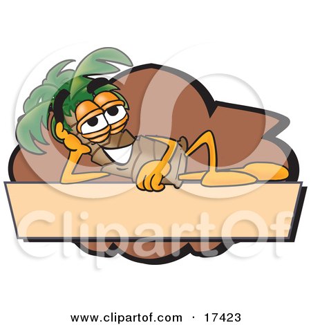 Clipart Picture of a Palm Tree Mascot Cartoon Character Over a Blank Tan Business Label by Mascot Junction