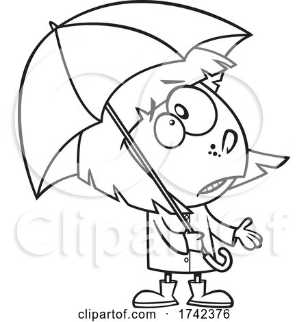 Cartoon Black and White Girl Ready for Spring Rain by toonaday