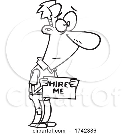 Cartoon Black and White Unemployed Man Holding a Hire Me Sign by toonaday