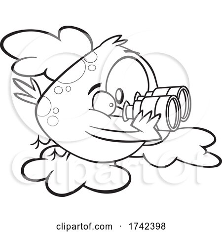 Cartoon Black and White Bird Using Binoculars by toonaday