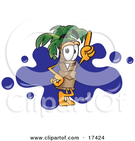 Clipart Picture of a Palm Tree Mascot Cartoon Character Pointing Upwards and Standing in Front of a Blue Paint Splatter on a Travel Business Logo by Mascot Junction