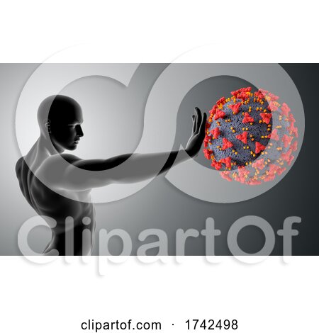 3D Male Figure Holding His Hand out in Front and Stopping Covid 19 Virus Cell by KJ Pargeter
