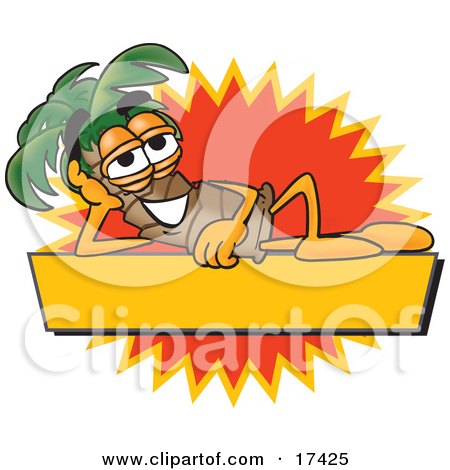 Clipart Picture of a Palm Tree Mascot Cartoon Character Over a Blank Yellow Business Label With an Orange Burst by Mascot Junction