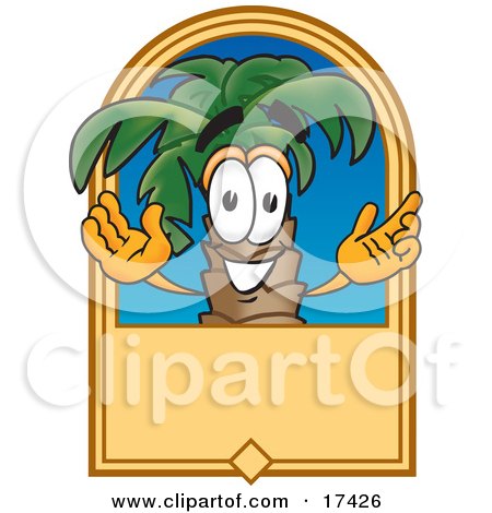 Clipart Picture of a Palm Tree Mascot Cartoon Character on a Blank Tan Label by Mascot Junction