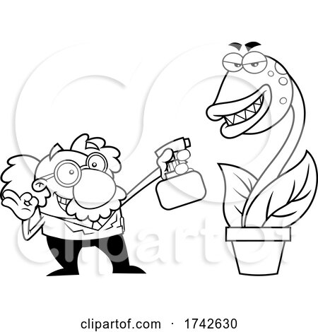 Science Professor Albert Einstein Character Watering a Carnivorous Plant by Hit Toon