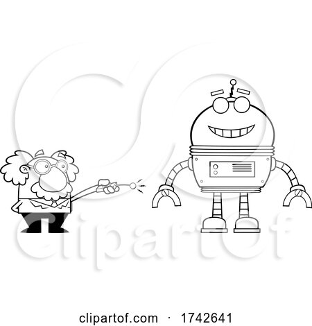 Science Professor Albert Einstein Character Operating a Robot by Hit Toon